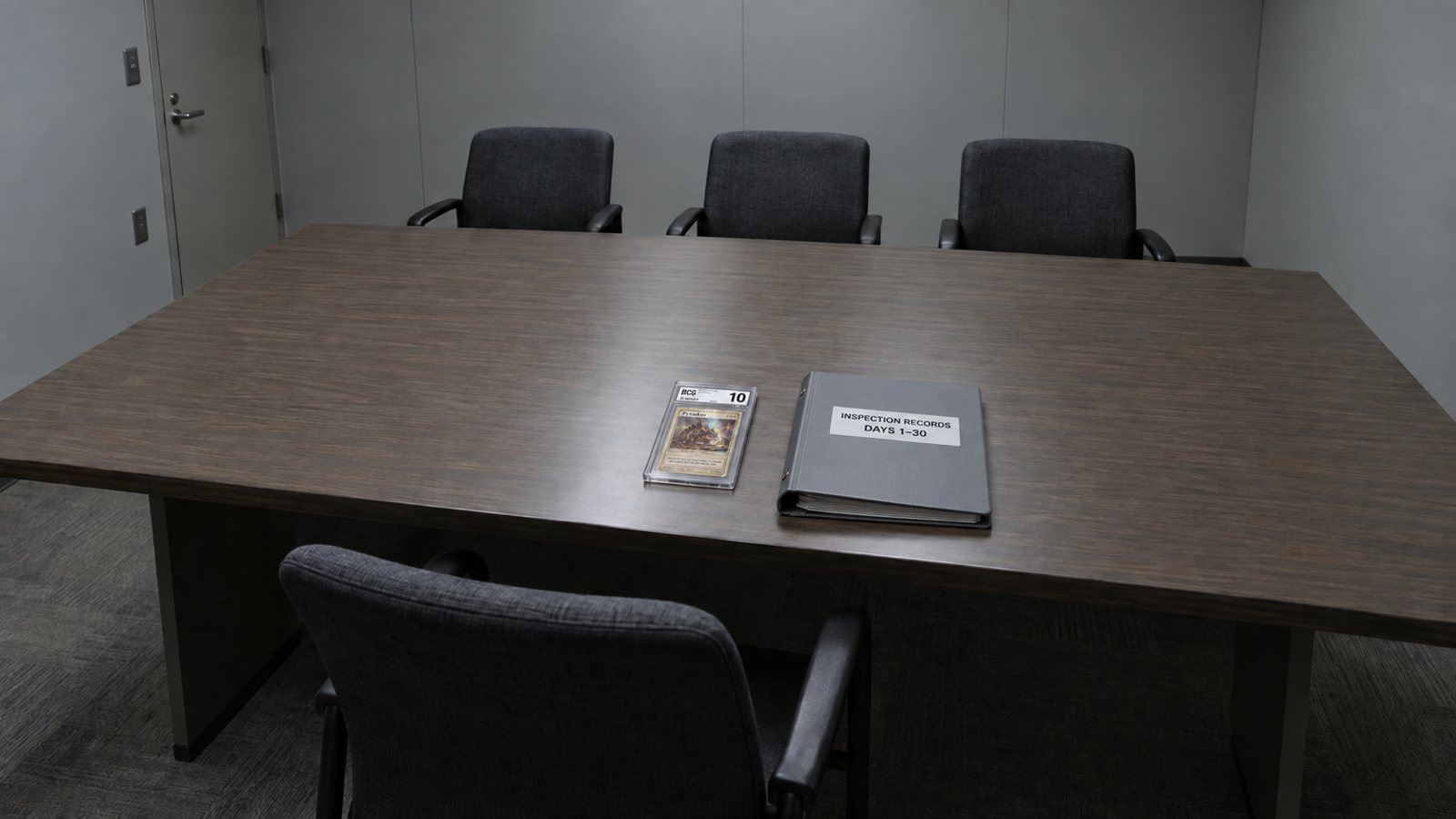 A hearing room with a sealed card graded 10 and a binder of inspection records