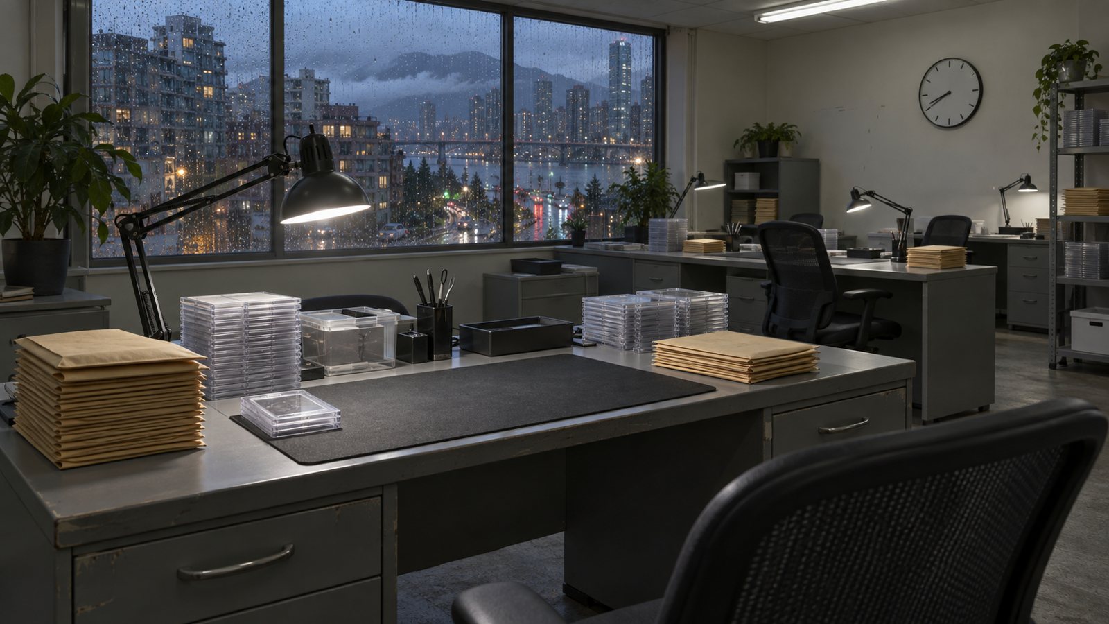 A small grading office in Vancouver on a rainy evening